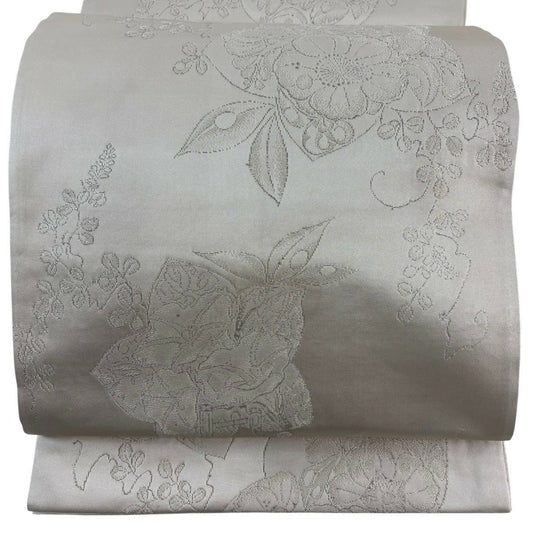 【美品】 袋帶 名品級 大脇一心 附落款 草花紋 銀線 米色 六通 純蠶絲