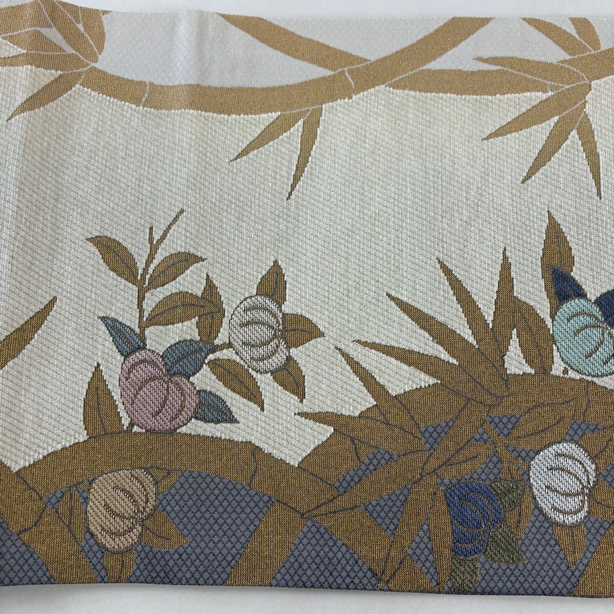 【美品】 袋帶 名品級 橘 竹子 金絲 米色 六通 純蠶絲