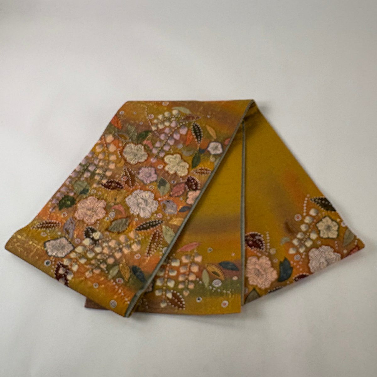 【美品】 袋帶 名品級 附有落款 辻花染 金線 漸層 山吹色 大鼓圖案 純蠶絲