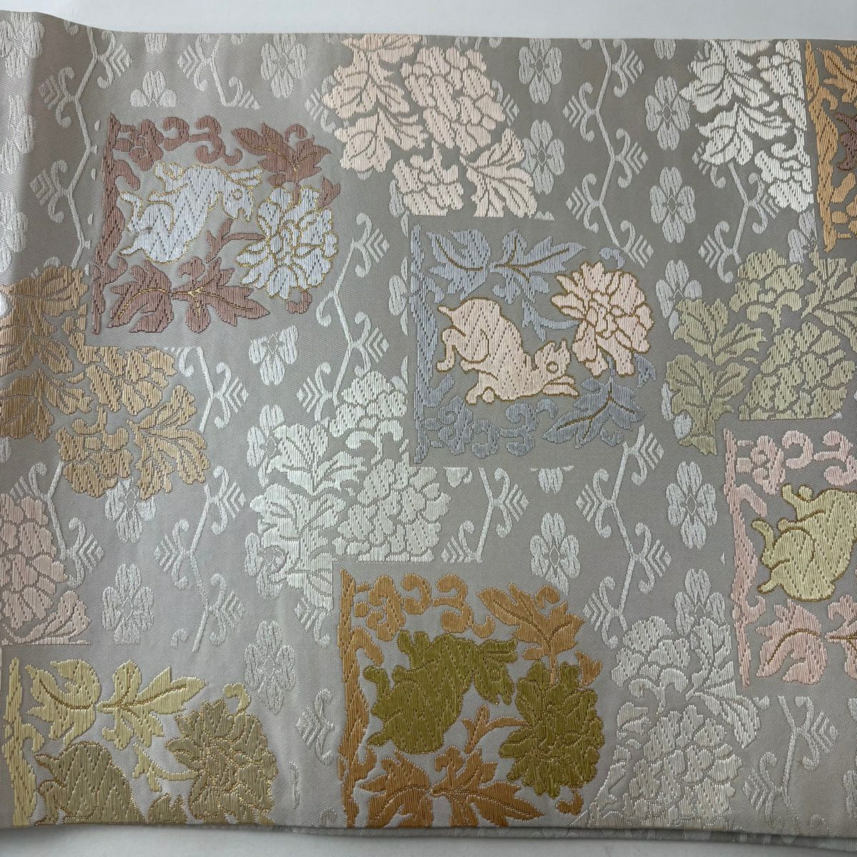 袋帶 名品級 花兔子 花唐草紋 唐織 金金箔 灰 深藍 六通 純蠶絲