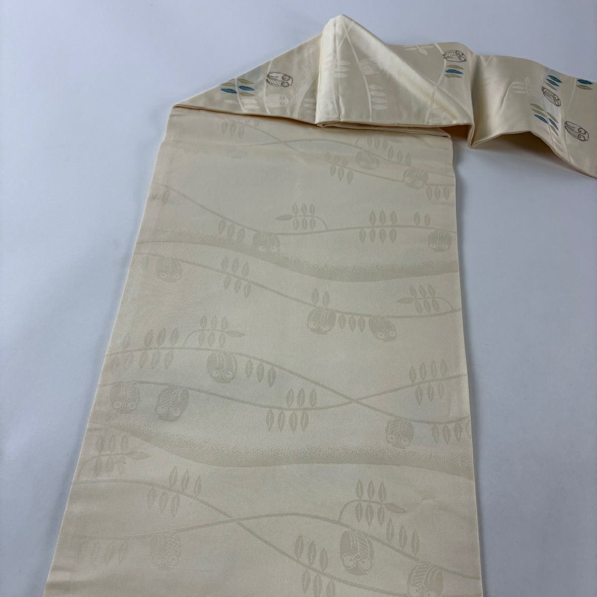 【美品】名古屋帶 名品級 蛇鵰 葉子 米色 純蠶絲