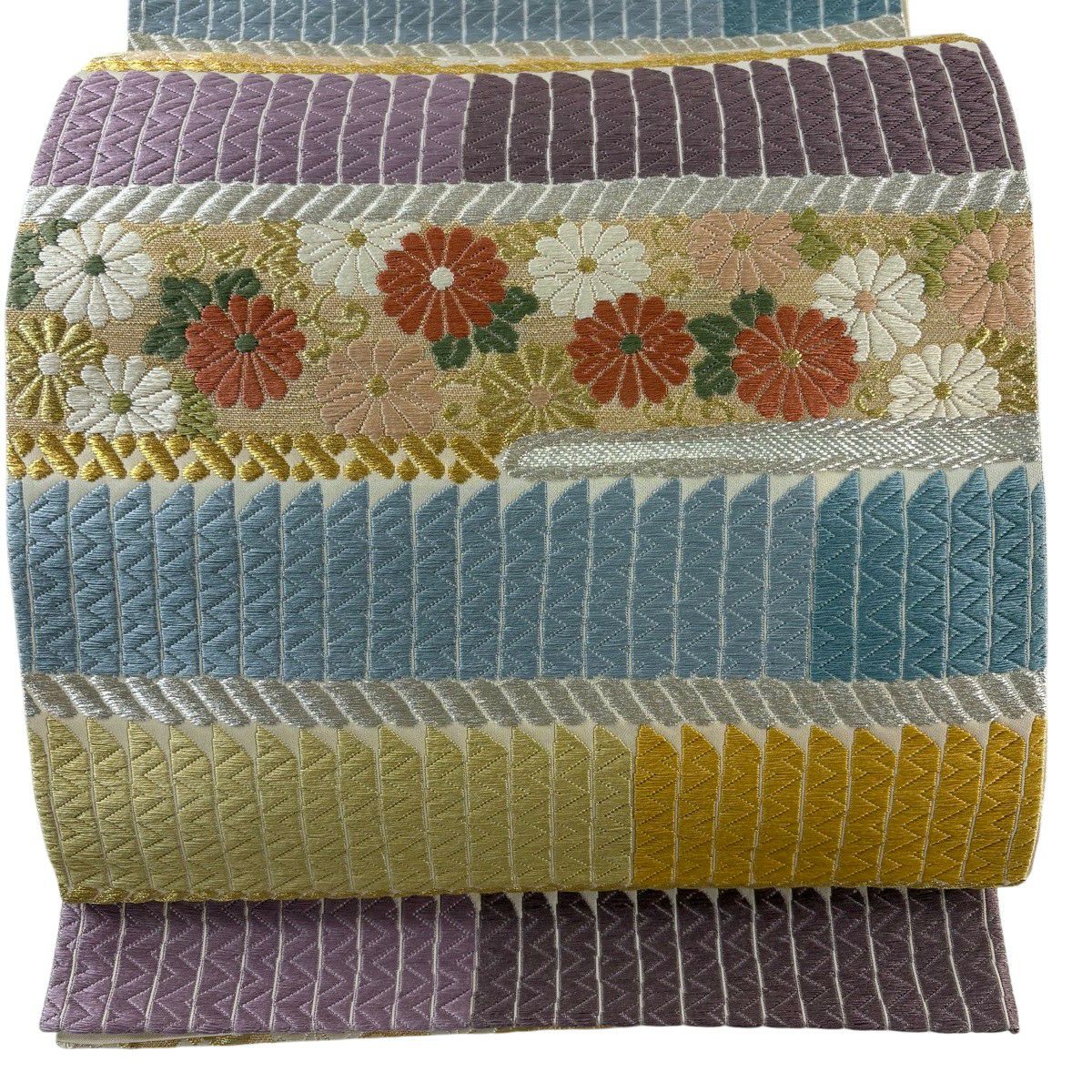 【美品】 袋帶 名品級 菊花花 櫻花 金銀彩 刺繡 米色 六通 純蠶絲