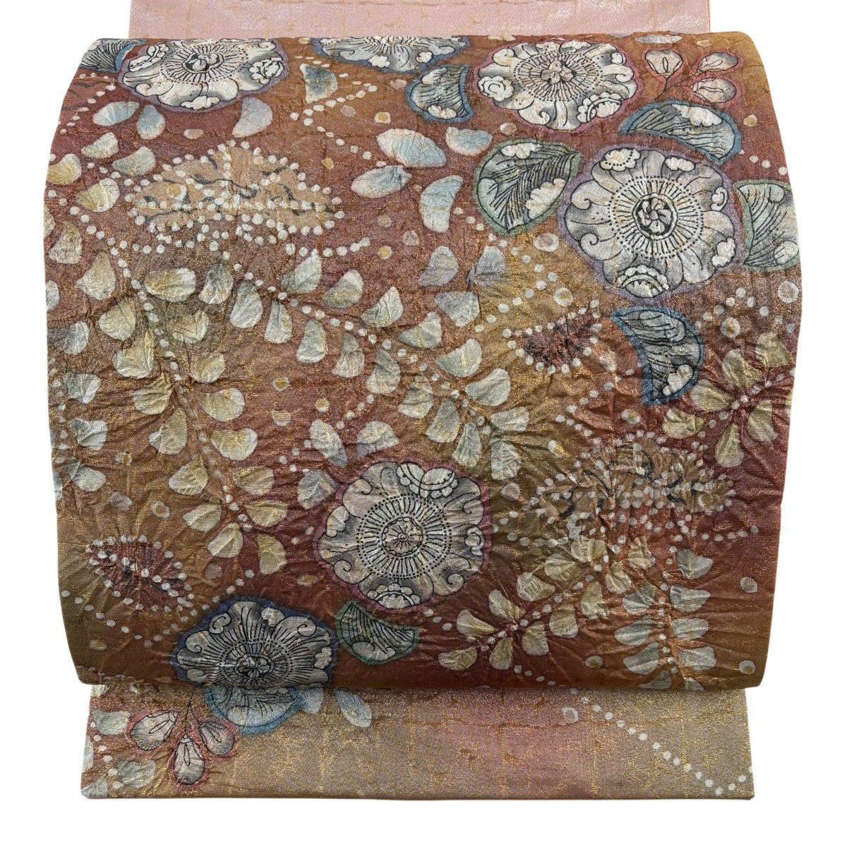 【美品】 袋帶 名品級 辻花染 銀線 金金箔 粉紅色 大鼓圖案 純蠶絲