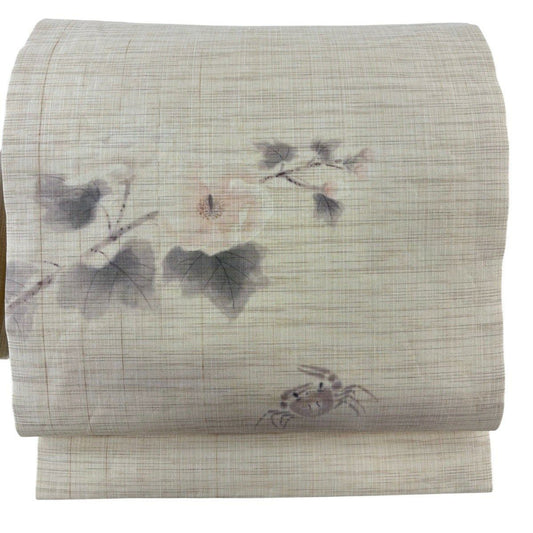 【美品】名古屋帶 名品級 鈴乃屋 枝花 蟹 米色 純蠶絲
