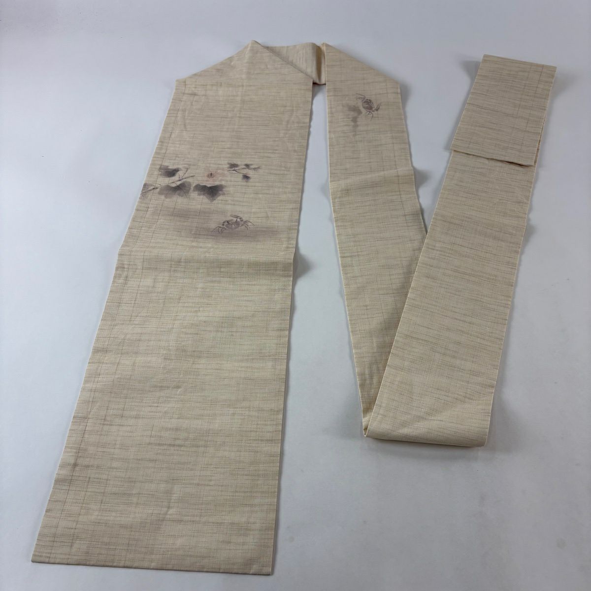 【美品】名古屋帶 名品級 鈴乃屋 枝花 蟹 米色 純蠶絲