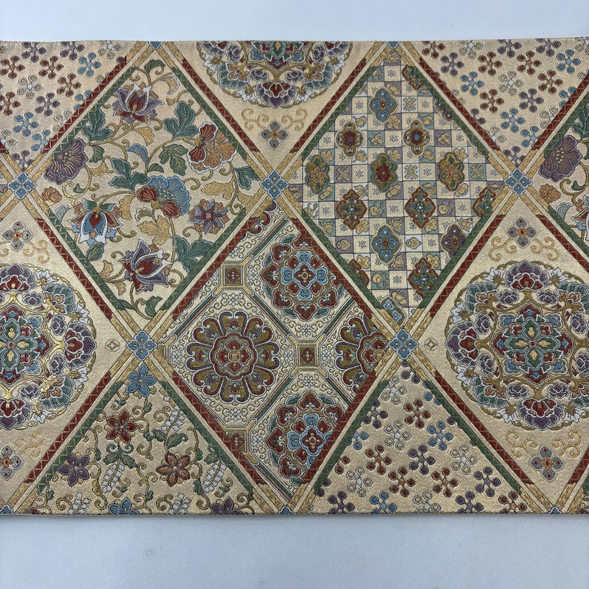 【美品】 袋帶 名品級 格天井 華紋 金絲 金金箔 金色 六通 純蠶絲
