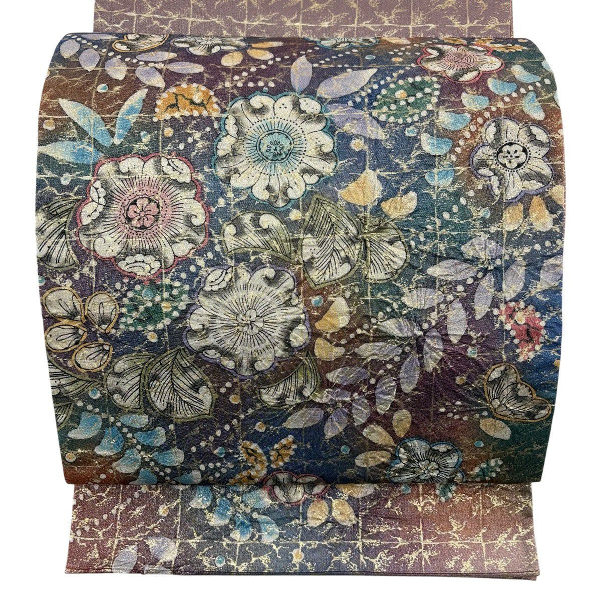 【美品】 袋帶 名品級 辻花染 銀線 金金箔 灰紫 お太鼓圖案 純蠶絲