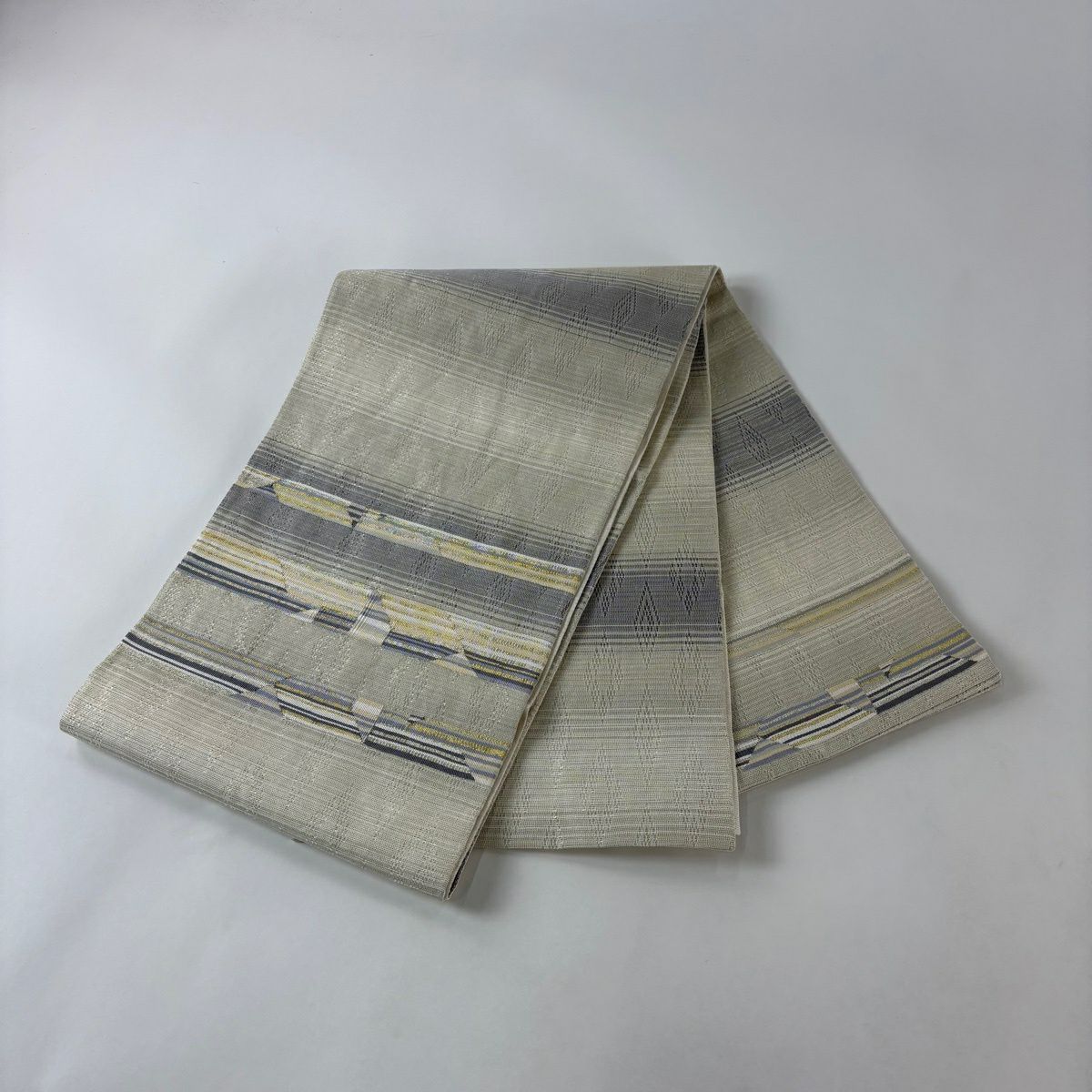 【美品】 袋帶 名品級 條紋 幾何圖案 金銀絲 米色 大鼓圖案 純蠶絲