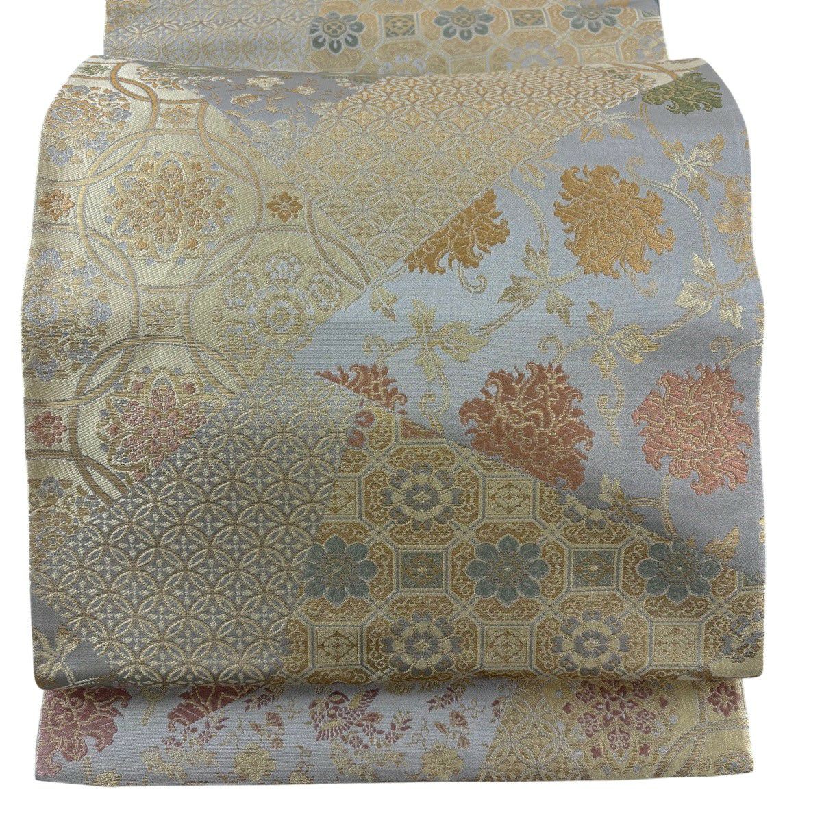 【美品】 袋帶 名品級 金金箔屋清兵衛 落款 西陣織 欧亜吉祥文 金金箔 米色 六通 純蠶絲