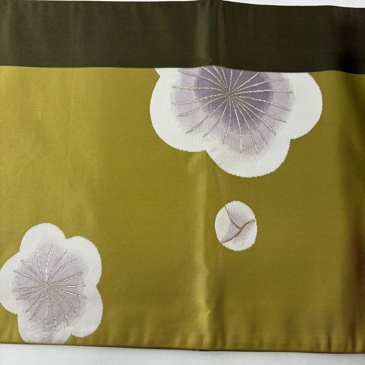 袋帶 名品級 辻村珠三郎 落款あり 梅花 金絲 鶯綠 六通 純蠶絲