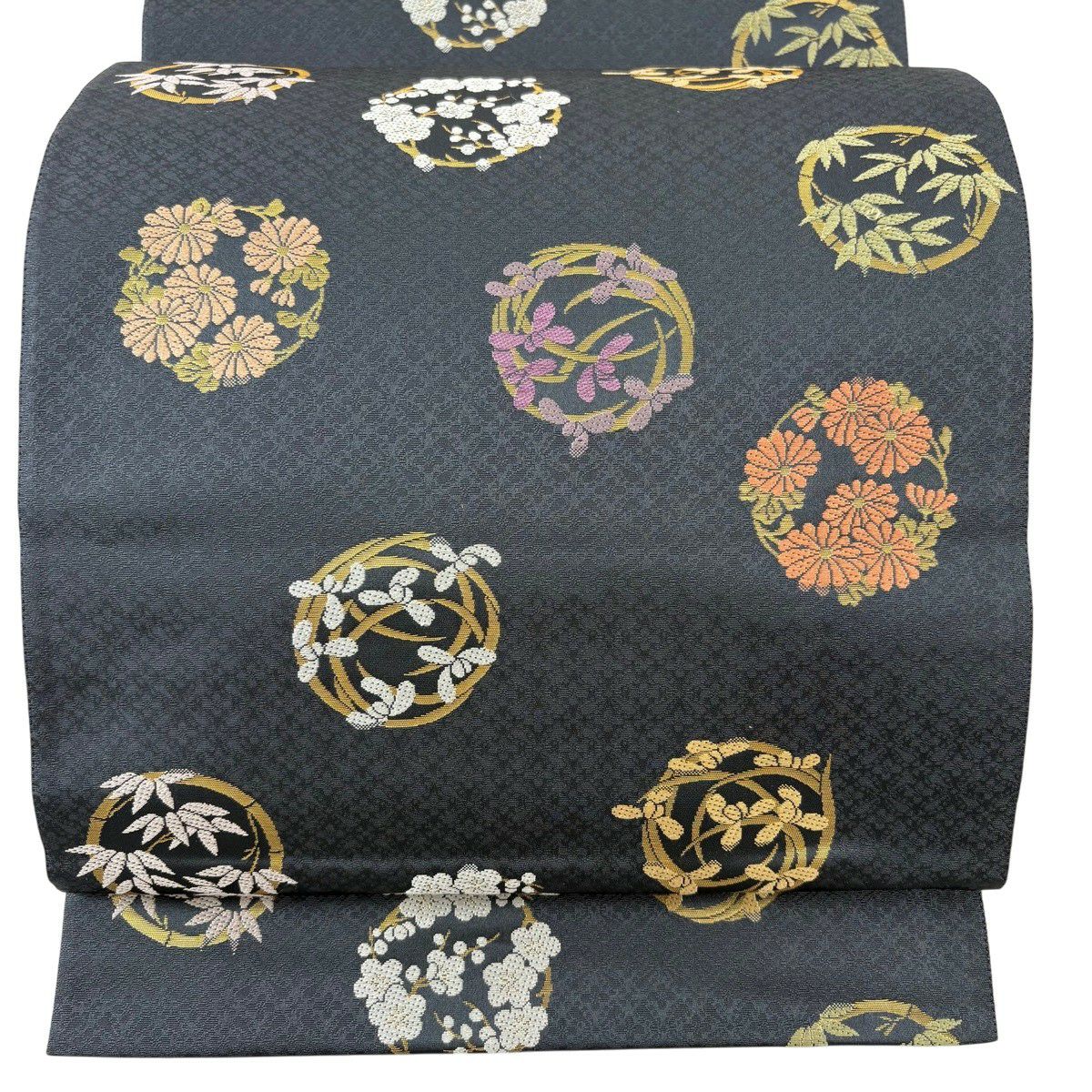 【美品】 袋帶 名品級 金金箔屋清兵衛 落款 西陣織 花丸紋 菊花 金金箔 黑灰 六通 純蠶絲