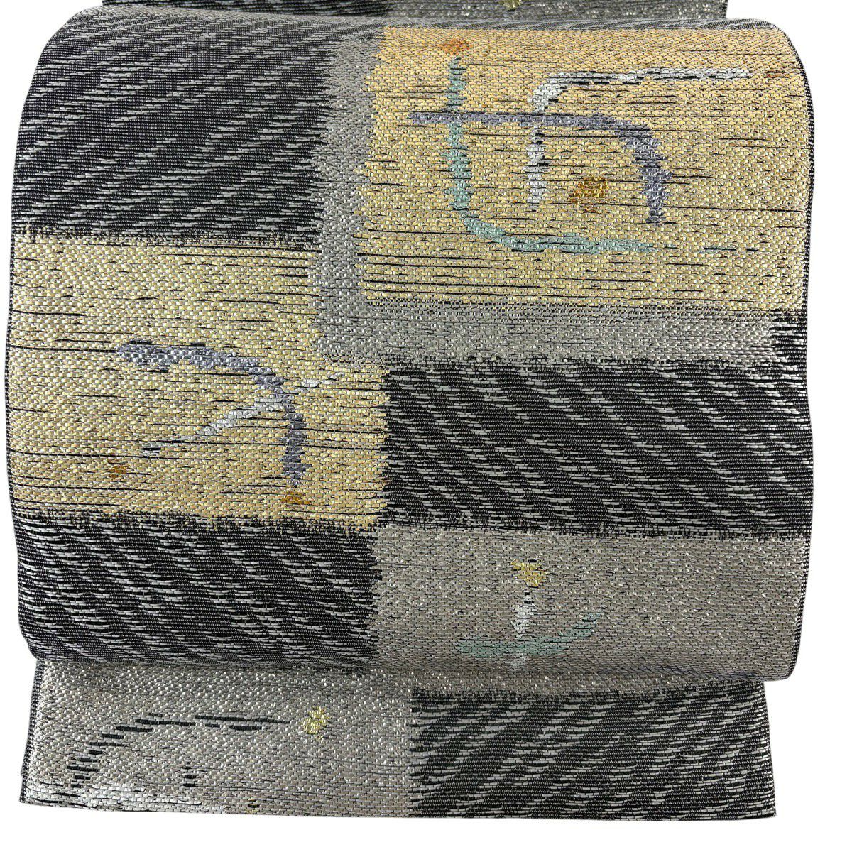 【美品】 袋帶 名品級 大島紬織美術館 幾何學 金金箔 灰 深藍 六通 純蠶絲