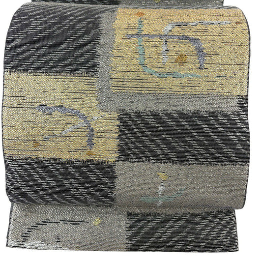 【美品】 袋帶 名品級 大島紬織美術館 幾何學 金金箔 灰 深藍 六通 純蠶絲