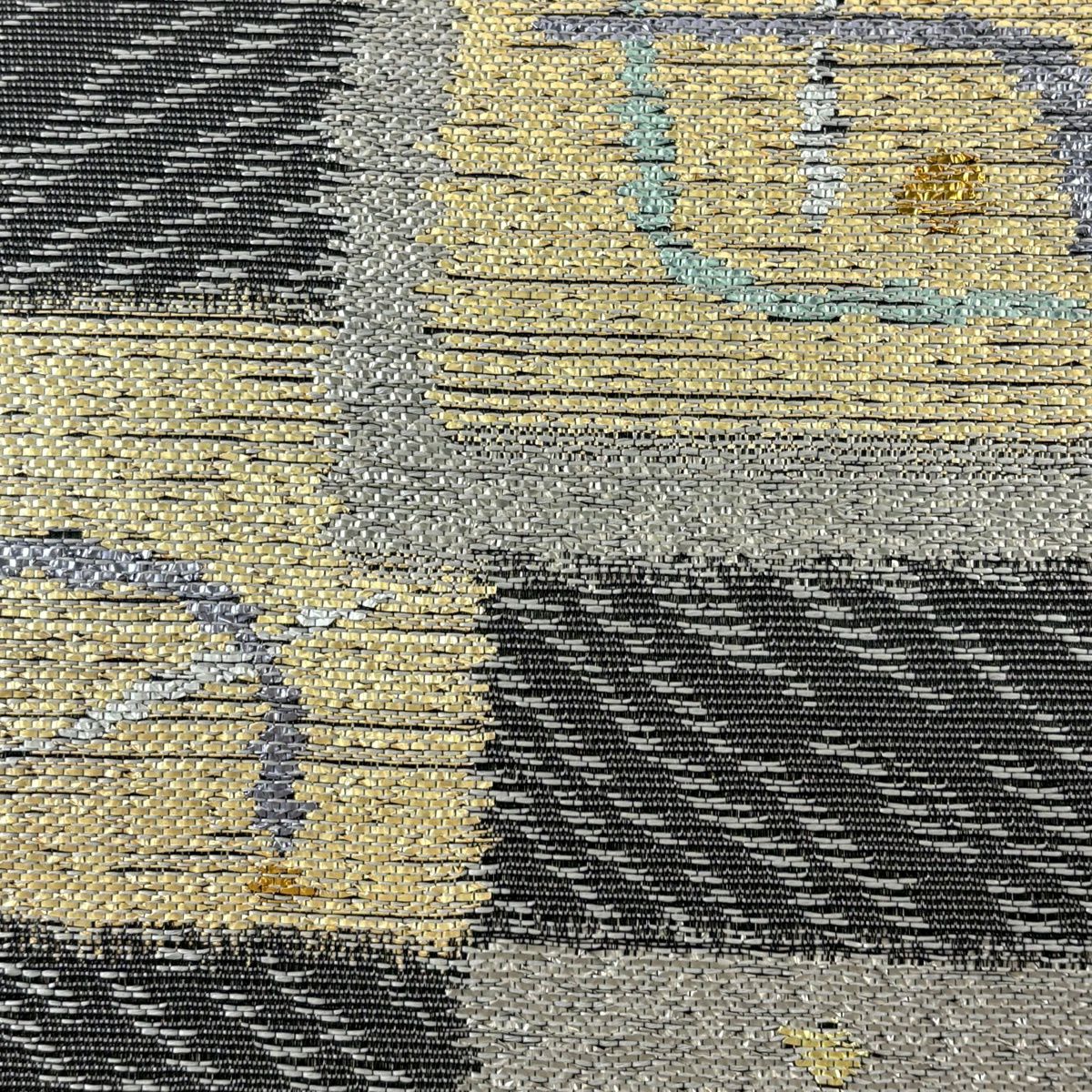 【美品】 袋帶 名品級 大島紬織美術館 幾何學 金金箔 灰 深藍 六通 純蠶絲