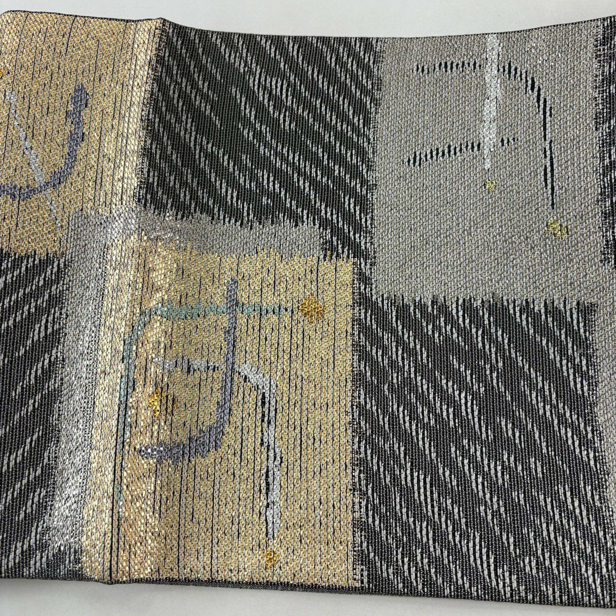 【美品】 袋帶 名品級 大島紬織美術館 幾何學 金金箔 灰 深藍 六通 純蠶絲