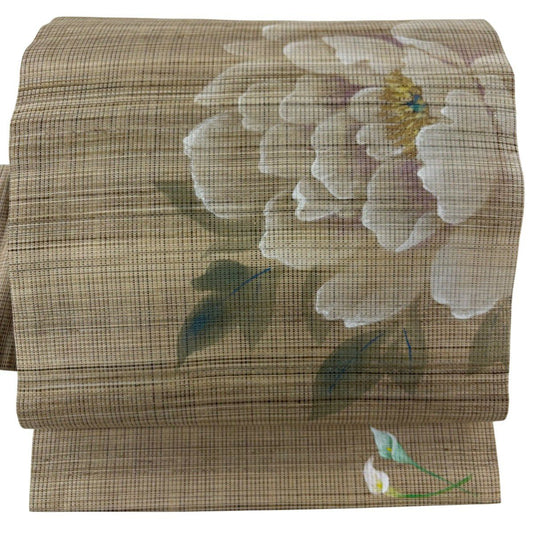 【美品】 名古屋帶 名品級 落款 草花紋 金絲 金銀彩 米色 純蠶絲