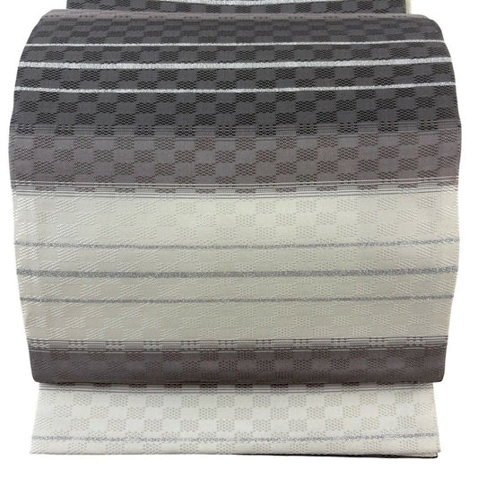 袋帶 名品級 松樹煙西陣間道 縞 金金箔 奶油 全通 純蠶絲