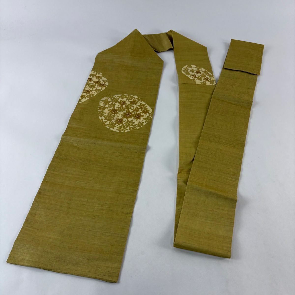 名古屋帶 名品級 夏帶 楓 樹葉 芥末色 純蠶絲