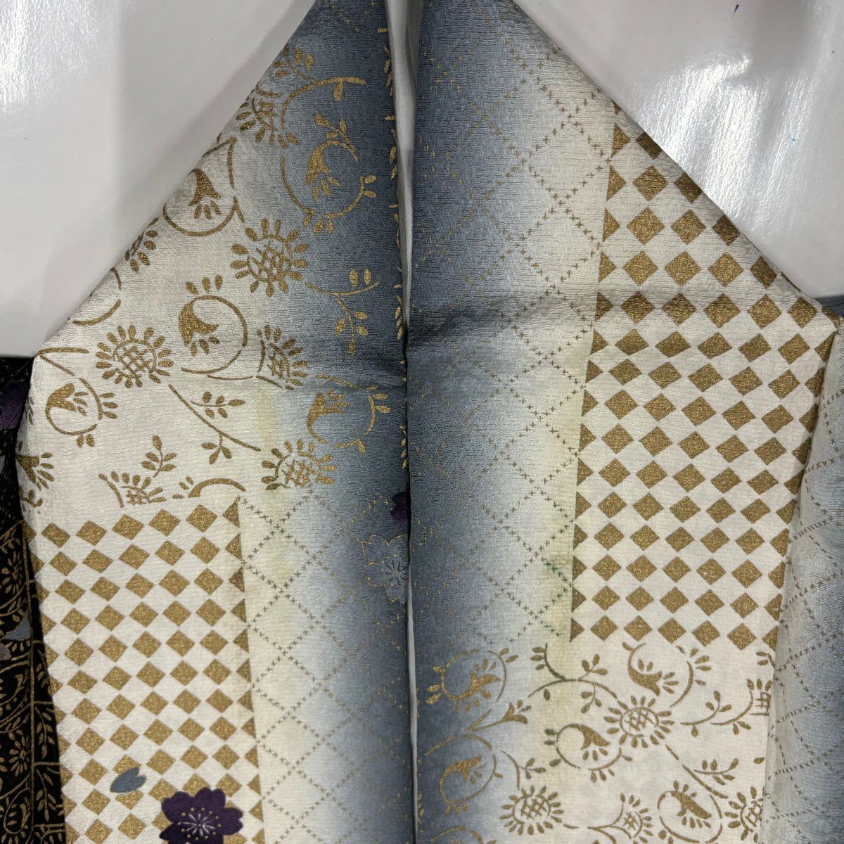 小紋 身長160cm 袖長63cm S 雙層 樱花 花唐草紋 金彩裝飾 漸層 黑 純蠶絲 名品級