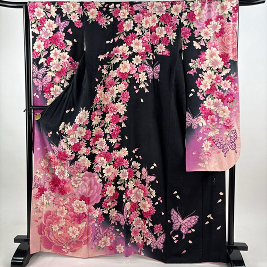 振袖禮服 身長164cm 袖長66cm M 雙層 森英惠 落款 草花紋紋 蝶刺繡 拉麵 黑 純蠶絲 名品級