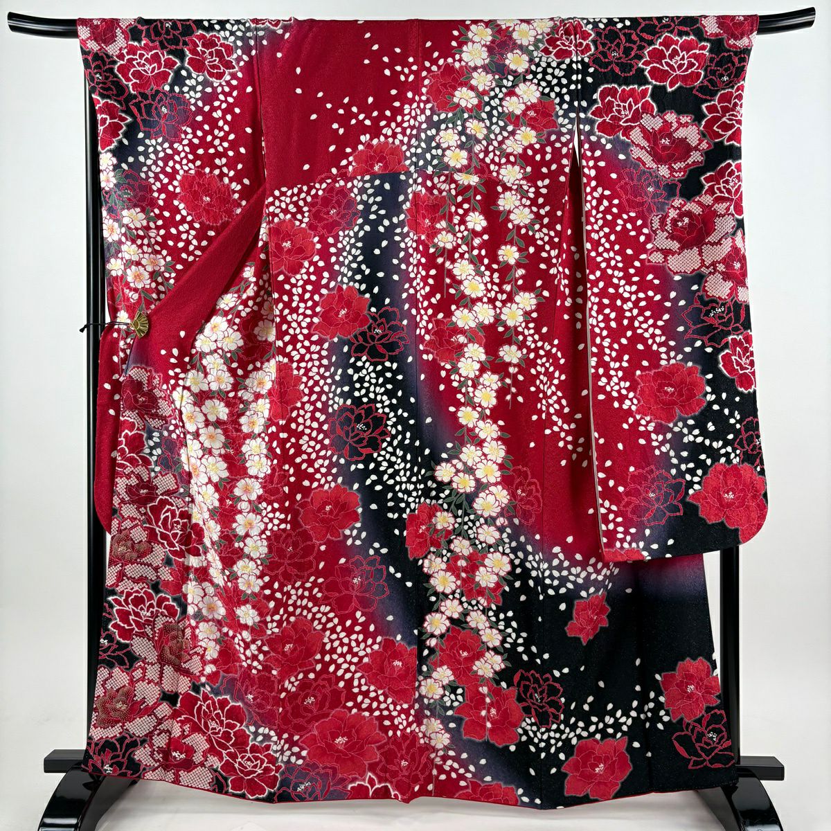 【美品】振袖禮服 身長165cm 袖長71cm L 雙層 草花紋紋 花瓣 金絲 銀彩 紅 純蠶絲 名品級