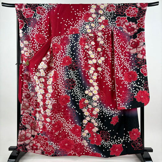 【美品】振袖禮服 身長165cm 袖長71cm L 雙層 草花紋紋 花瓣 金絲 銀彩 紅 純蠶絲 名品級