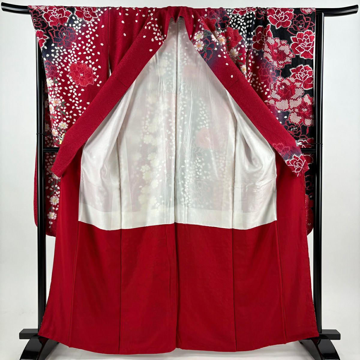 【美品】振袖禮服 身長165cm 袖長71cm L 雙層 草花紋紋 花瓣 金絲 銀彩 紅 純蠶絲 名品級