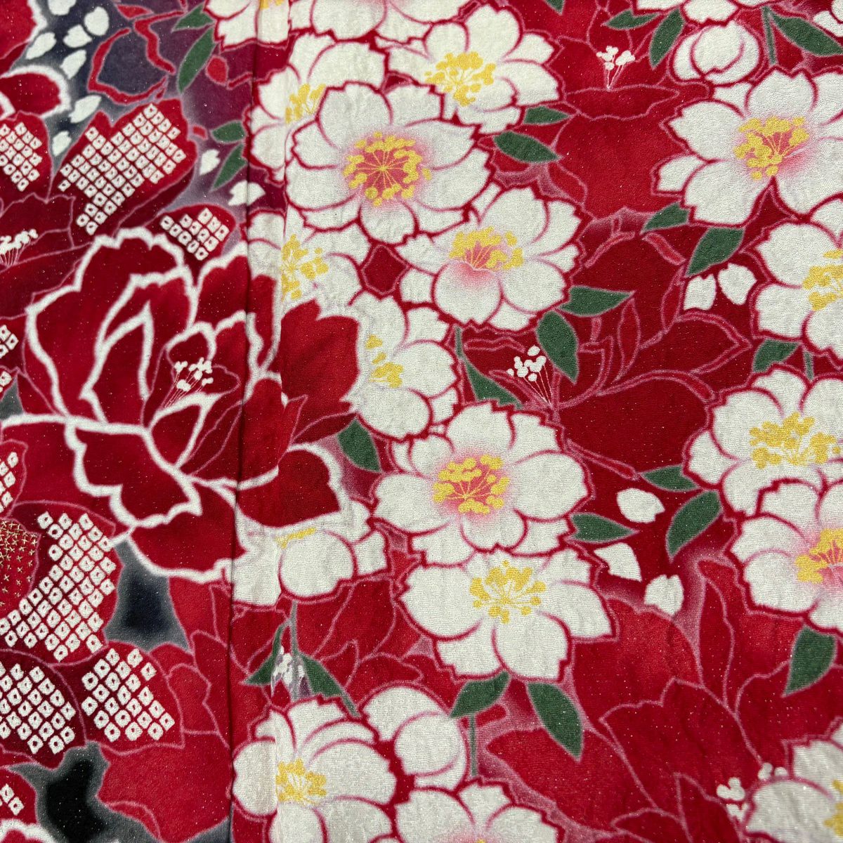 【美品】振袖禮服 身長165cm 袖長71cm L 雙層 草花紋紋 花瓣 金絲 銀彩 紅 純蠶絲 名品級