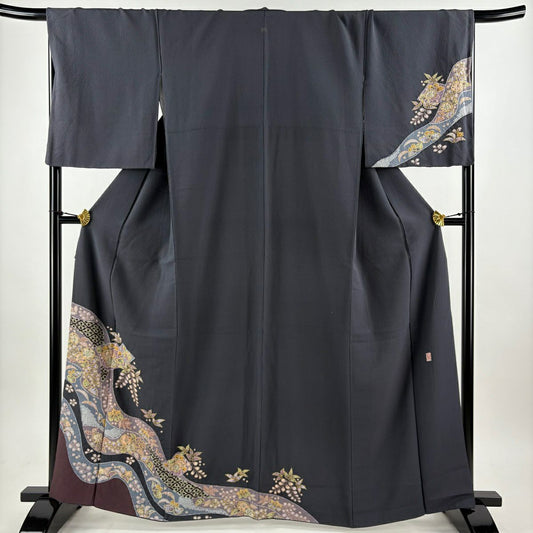 付下 身長164cm 袖長68.5cm L 雙層 翠山工房 大和 落款あり 辻花染 流水 灰 純蠶絲 名品級 一つ紋
