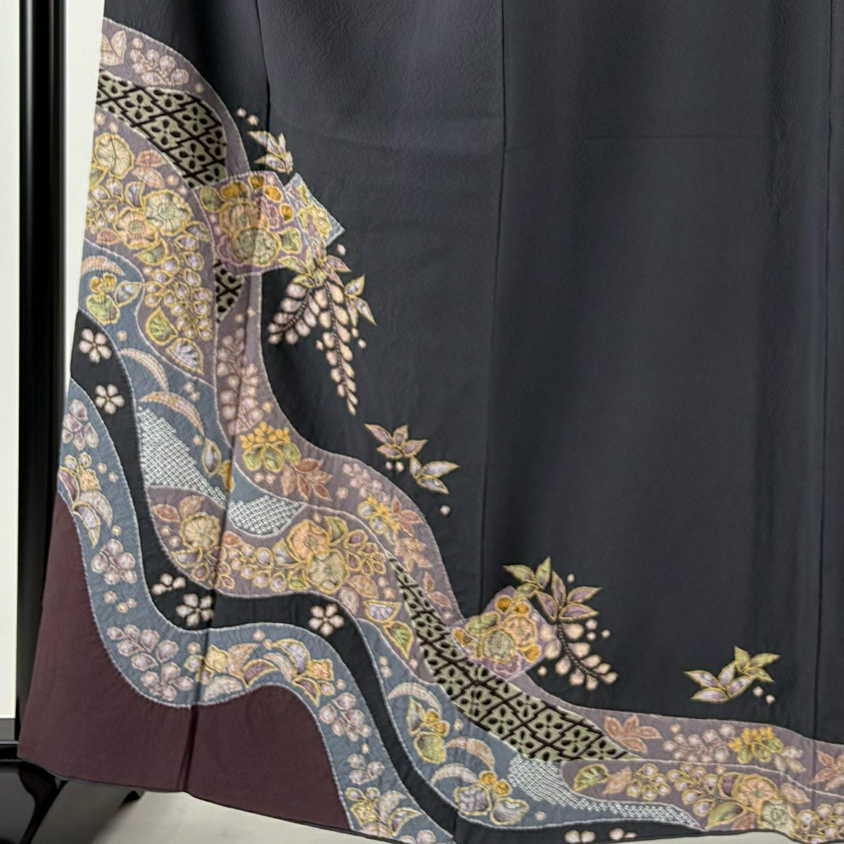 付下 身長164cm 袖長68.5cm L 雙層 翠山工房 大和 落款あり 辻花染 流水 灰 純蠶絲 名品級 一つ紋