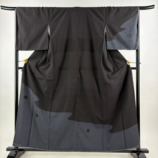 【美品】 付下 身長159cm 袖長67.5cm L 雙層 塩沢紬織織 塩沢物語 證書附帶 縱條紋 雪輪 黑 純蠶絲 名品級