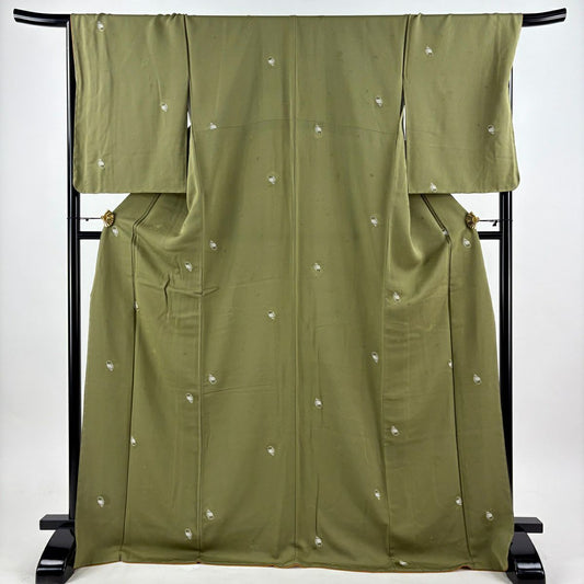 【美品】 小紋 身長173cm 袖長70.5cm L 雙層 貓頭鷹 地紋 艾草綠 純蠶絲 名品級