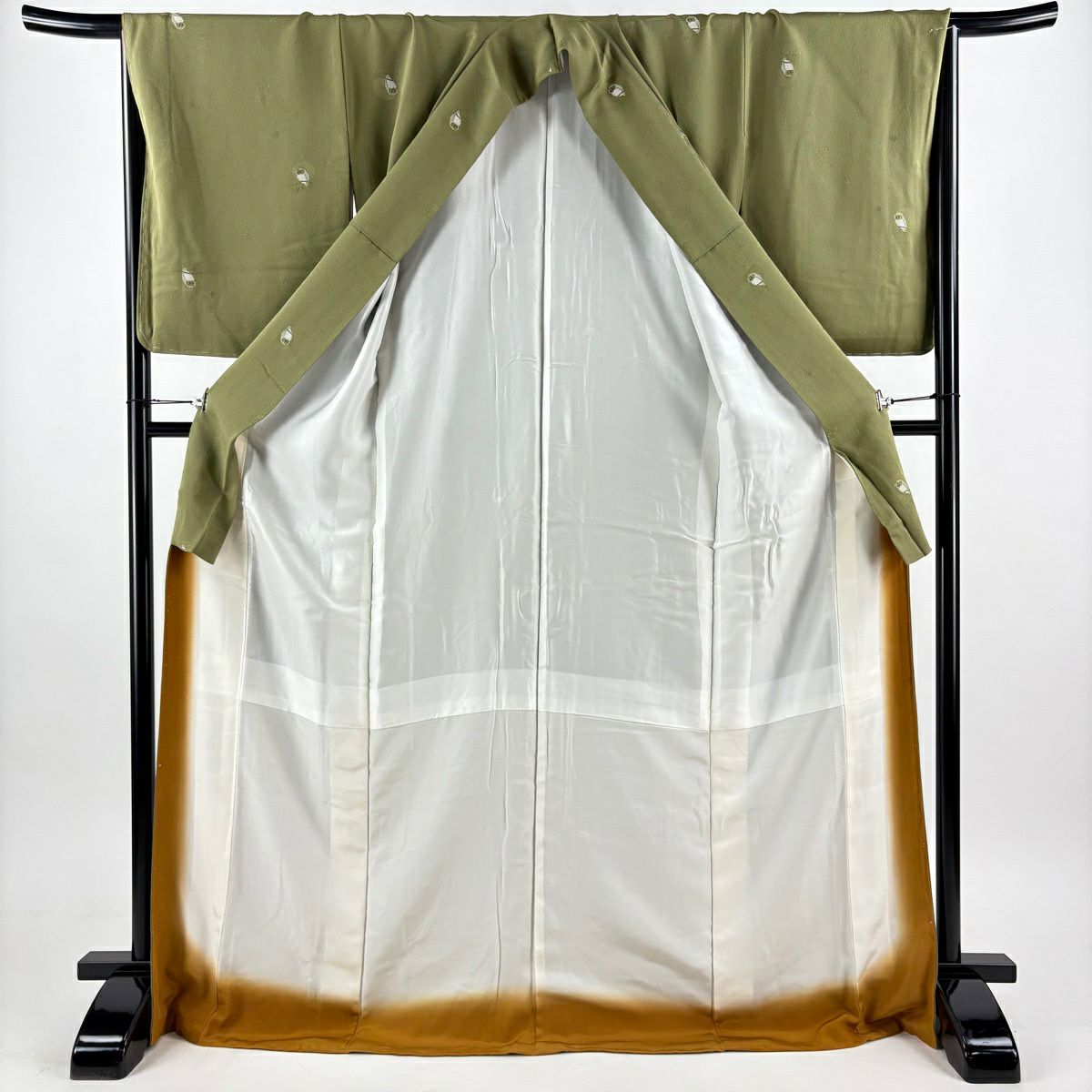 【美品】 小紋 身長173cm 袖長70.5cm L 雙層 貓頭鷹 地紋 艾草綠 純蠶絲 名品級
