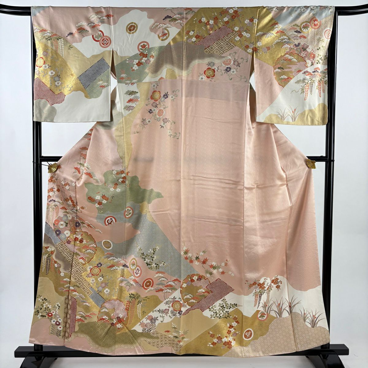 訪問服 身長158.5cm 袖長65cm M 雙層 雪輪 松樹竹子梅花 金絲 金銀彩 淺粉色 純蠶絲 名品級