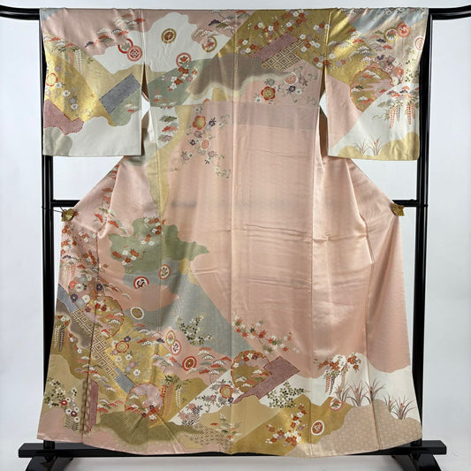 訪問服 身長158.5cm 袖長65cm M 雙層 雪輪 松樹竹子梅花 金絲 金銀彩 淺粉色 純蠶絲 名品級