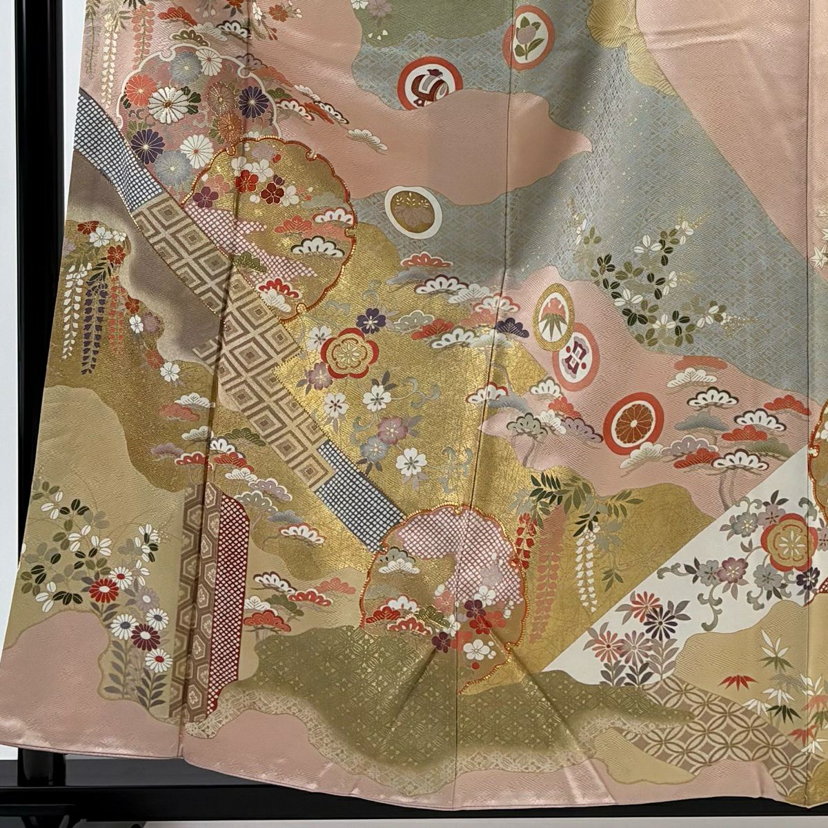 訪問服 身長158.5cm 袖長65cm M 雙層 雪輪 松樹竹子梅花 金絲 金銀彩 淺粉色 純蠶絲 名品級