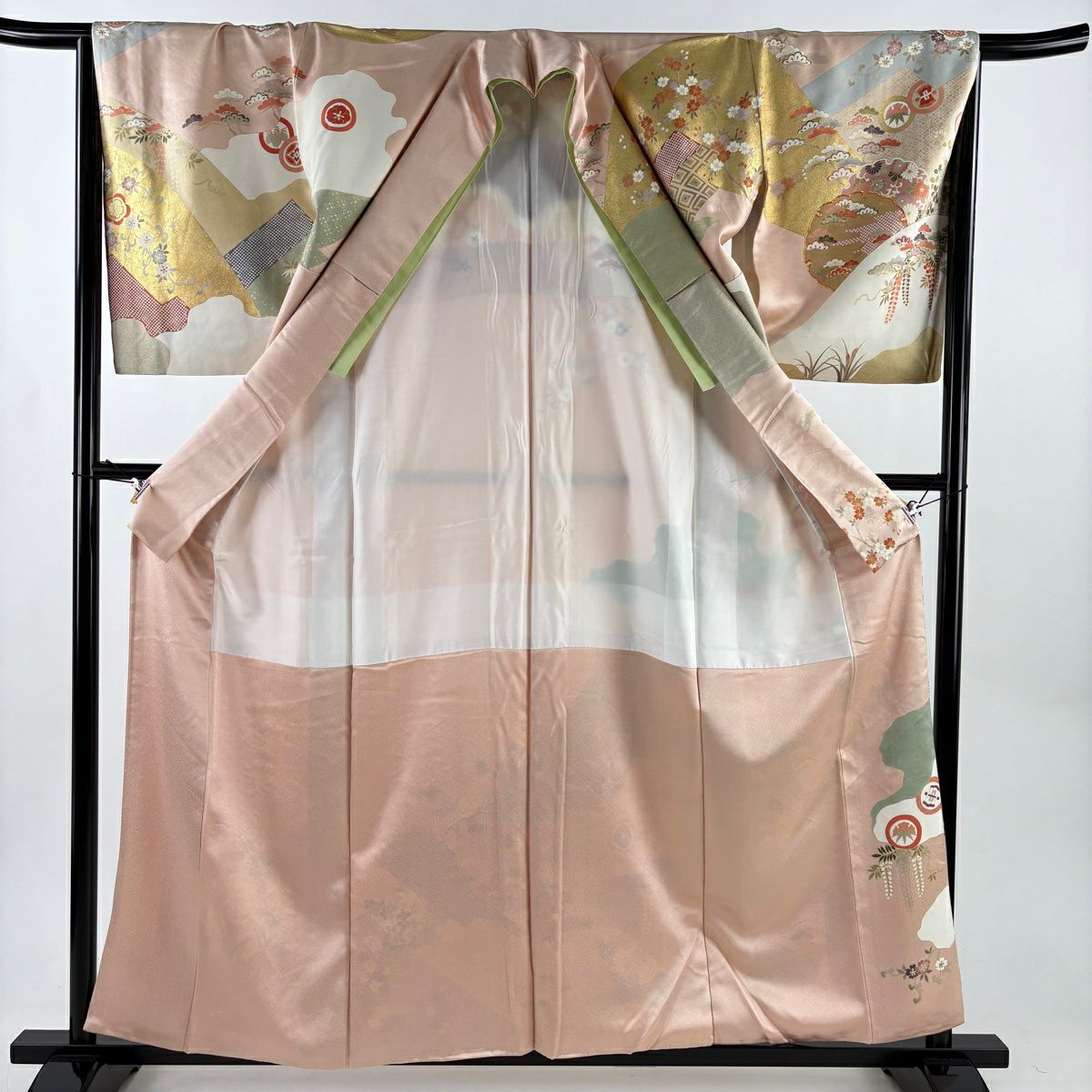 訪問服 身長158.5cm 袖長65cm M 雙層 雪輪 松樹竹子梅花 金絲 金銀彩 淺粉色 純蠶絲 名品級