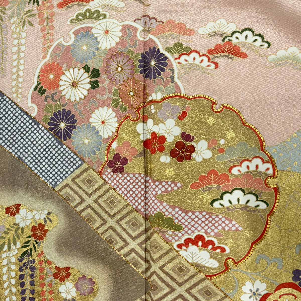 訪問服 身長158.5cm 袖長65cm M 雙層 雪輪 松樹竹子梅花 金絲 金銀彩 淺粉色 純蠶絲 名品級