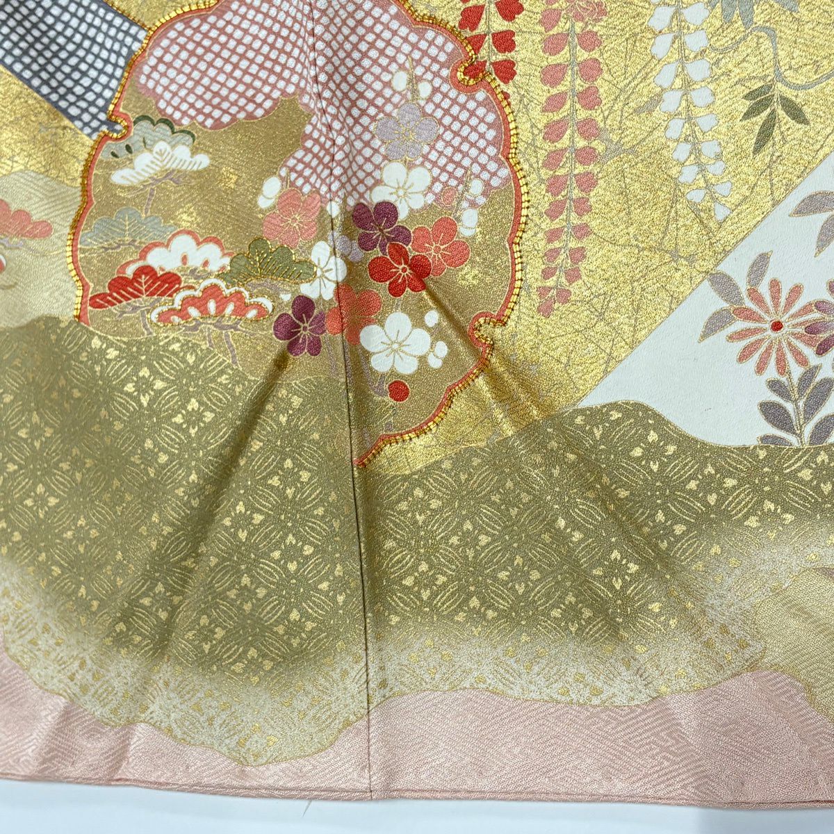 訪問服 身長158.5cm 袖長65cm M 雙層 雪輪 松樹竹子梅花 金絲 金銀彩 淺粉色 純蠶絲 名品級