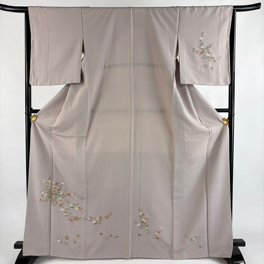 付下 身長168cm 袖長65cm M 雙層 花束 草花紋紋 相良刺繡 金線 灰紫 純蠶絲 名品級