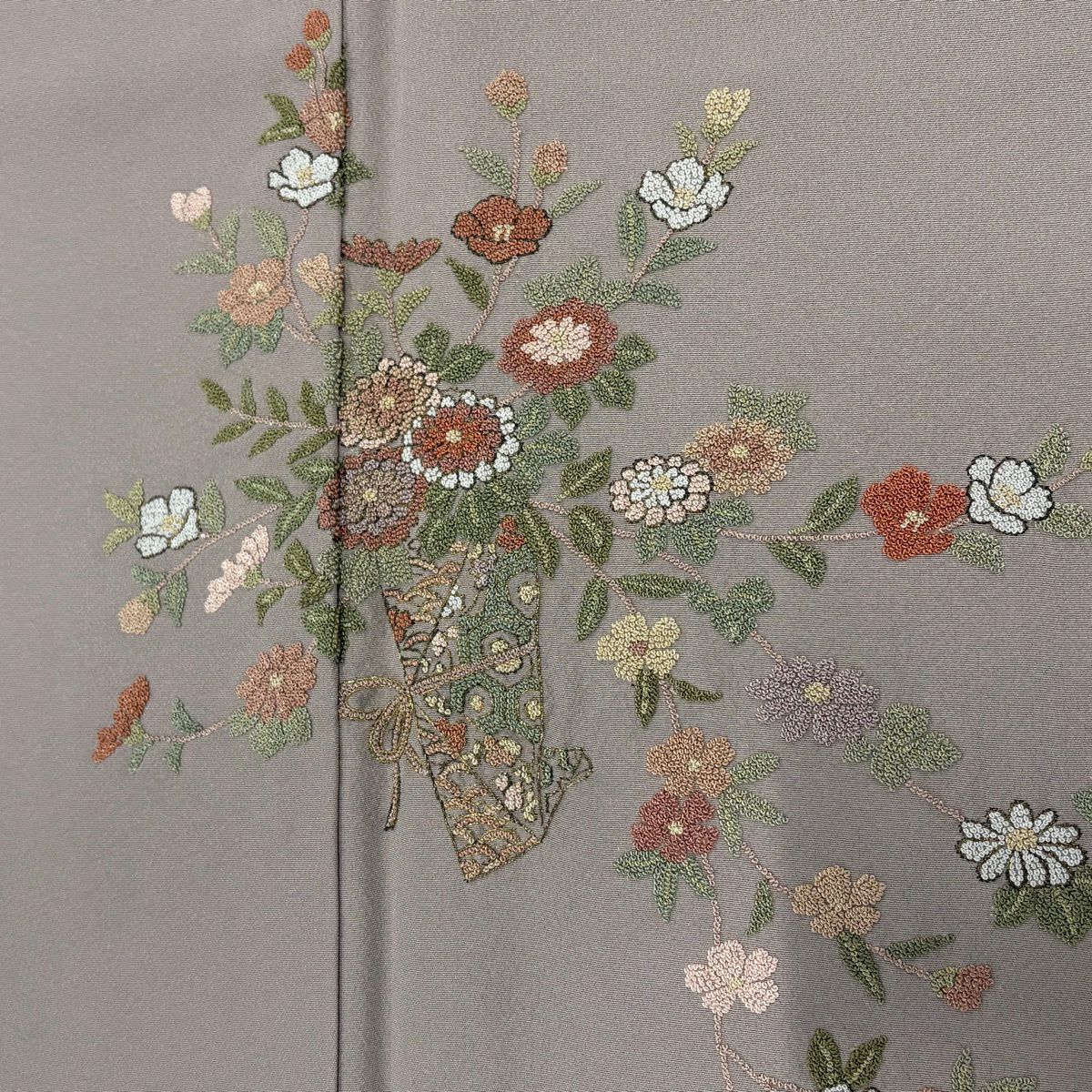 付下 身長168cm 袖長65cm M 雙層 花束 草花紋紋 相良刺繡 金線 灰紫 純蠶絲 名品級