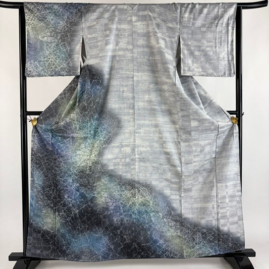 【美品】訪問服 身長161cm 袖長64.5cm M 雙層 紬織織 紅泥染 幾何學 漸層 青灰色 純蠶絲 名品級