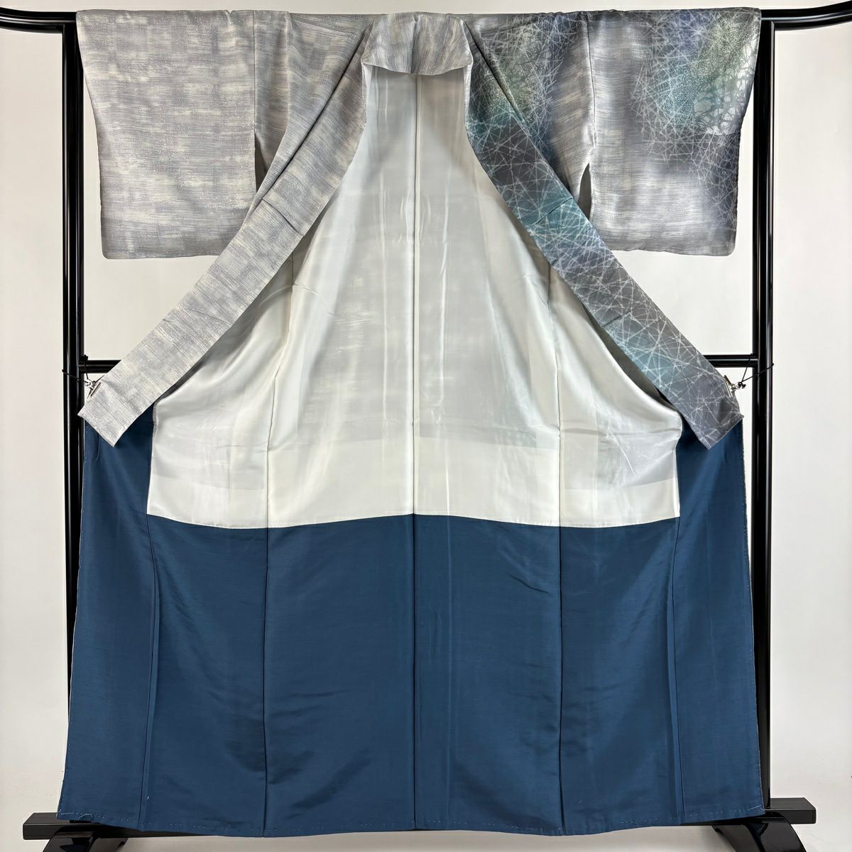 【美品】訪問服 身長161cm 袖長64.5cm M 雙層 紬織織 紅泥染 幾何學 漸層 青灰色 純蠶絲 名品級