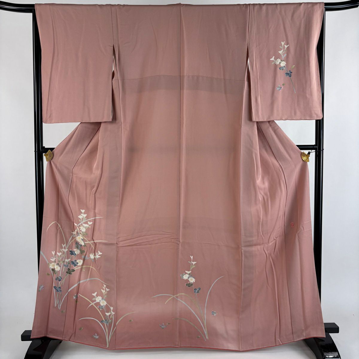 付下 身長162cm 袖長65.5cm M 雙層 南克治 加賀友禪 落款 菊花 花紋 漸層 粉紅 純蠶絲 名品級