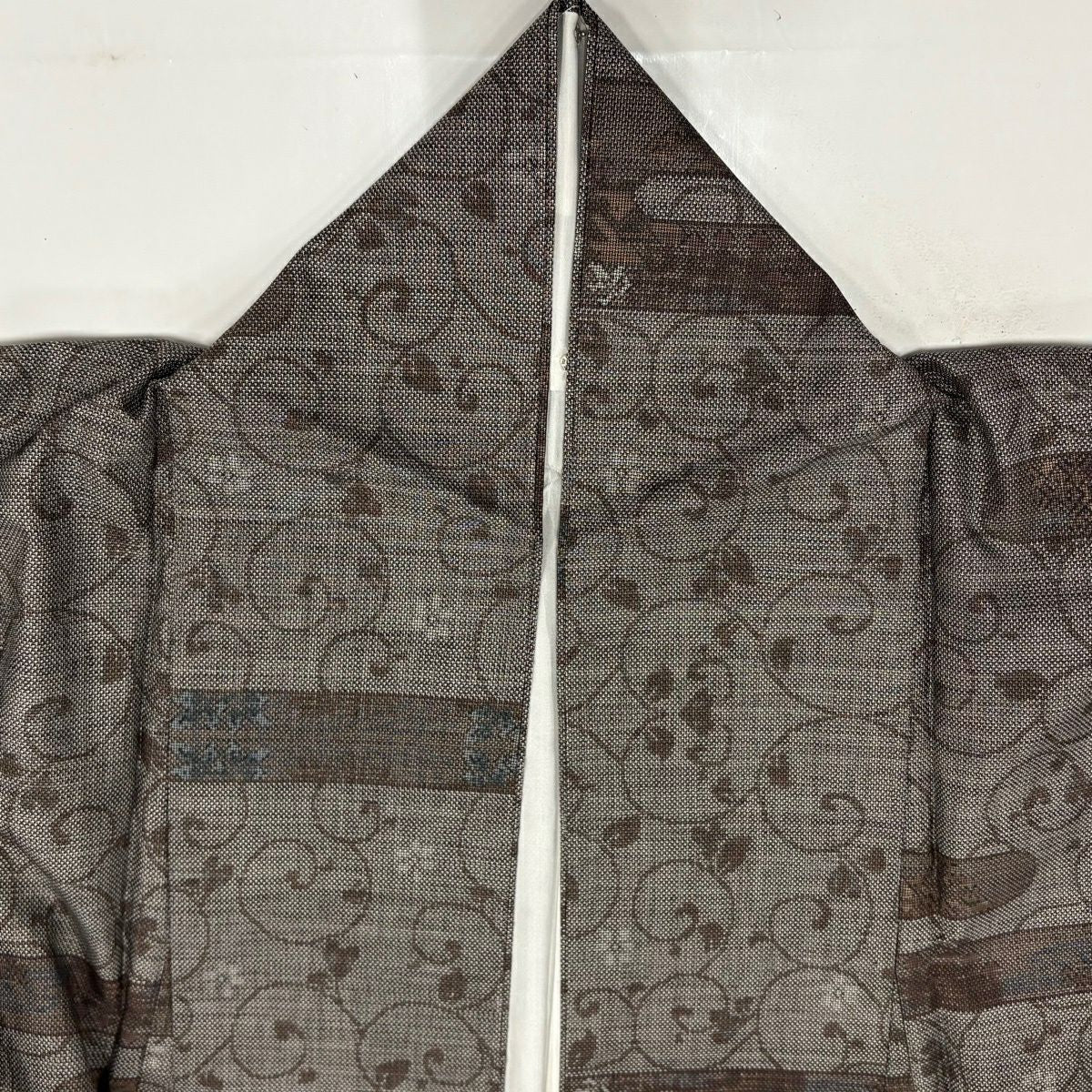 【美品】 紬織織 身長160cm 袖長66cm M 雙層 ヱ霞 花唐草紋 茶 純蠶絲 名品級