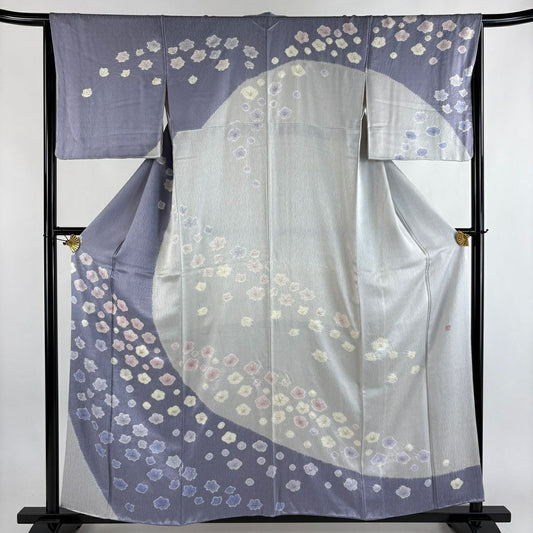 訪問服 身長157cm 袖長65cm M 雙層 落款あり 梅花花 金彩裝飾 絞染 灰紫 純蠶絲 名品級