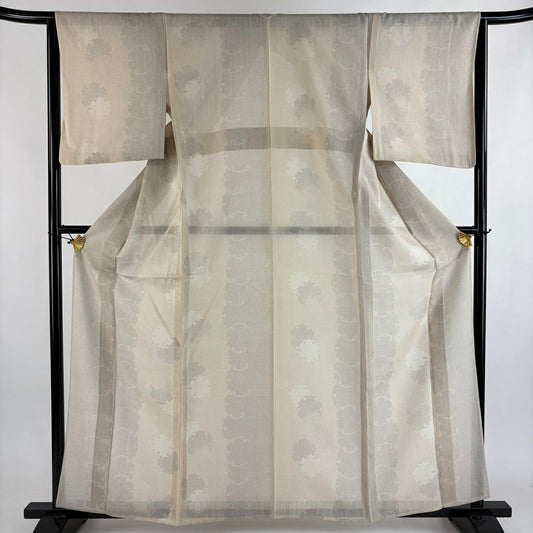 【美品】 紬織 身長160.5cm 袖長64cm M 薄物 夏紬織 雪輪 龜甲絣 米色 純蠶絲 名品級