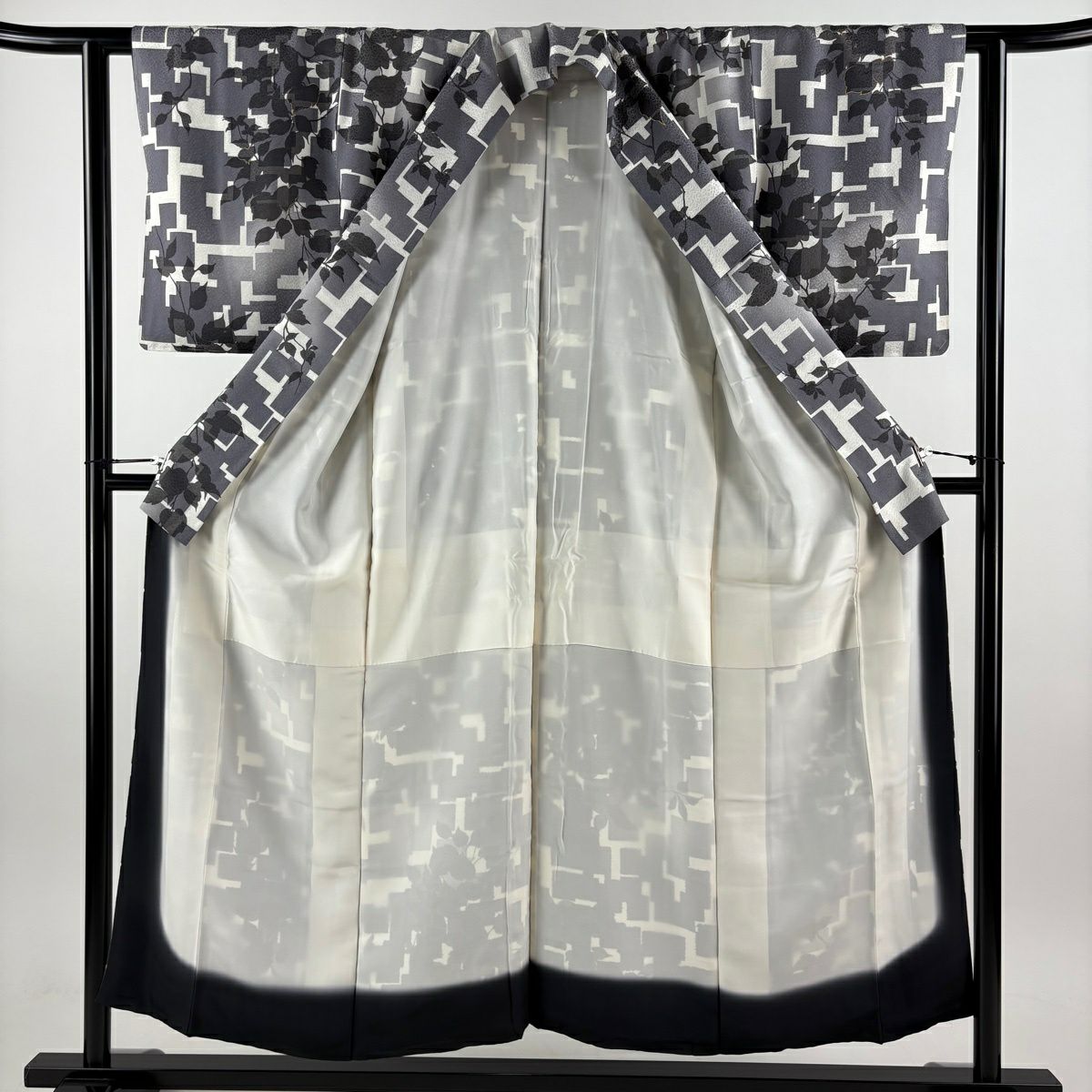【美品】 小紋 身長152.5cm 袖長61.5cm S 雙層 大和 葉柄 輪廓 金銀彩 灰白 純蠶絲 名品級