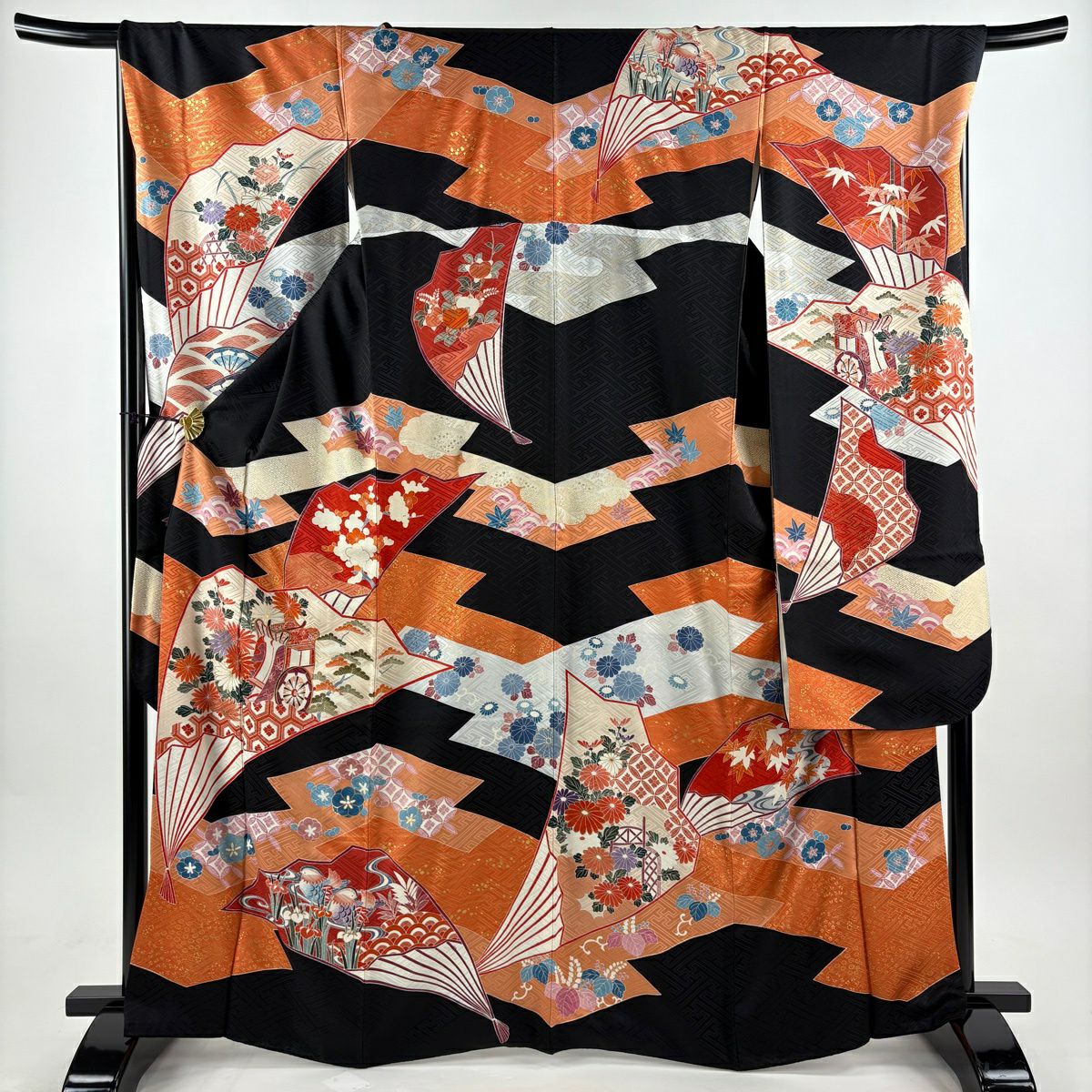 振袖禮服 身長166.5cm 袖長69cm L 雙層 御所車 青木 金絲 金銀彩 黑 純蠶絲 名品級