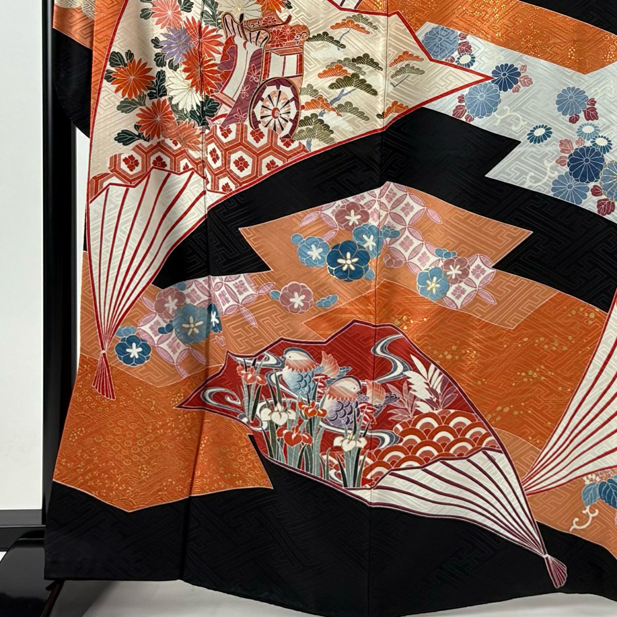 振袖禮服 身長166.5cm 袖長69cm L 雙層 御所車 青木 金絲 金銀彩 黑 純蠶絲 名品級